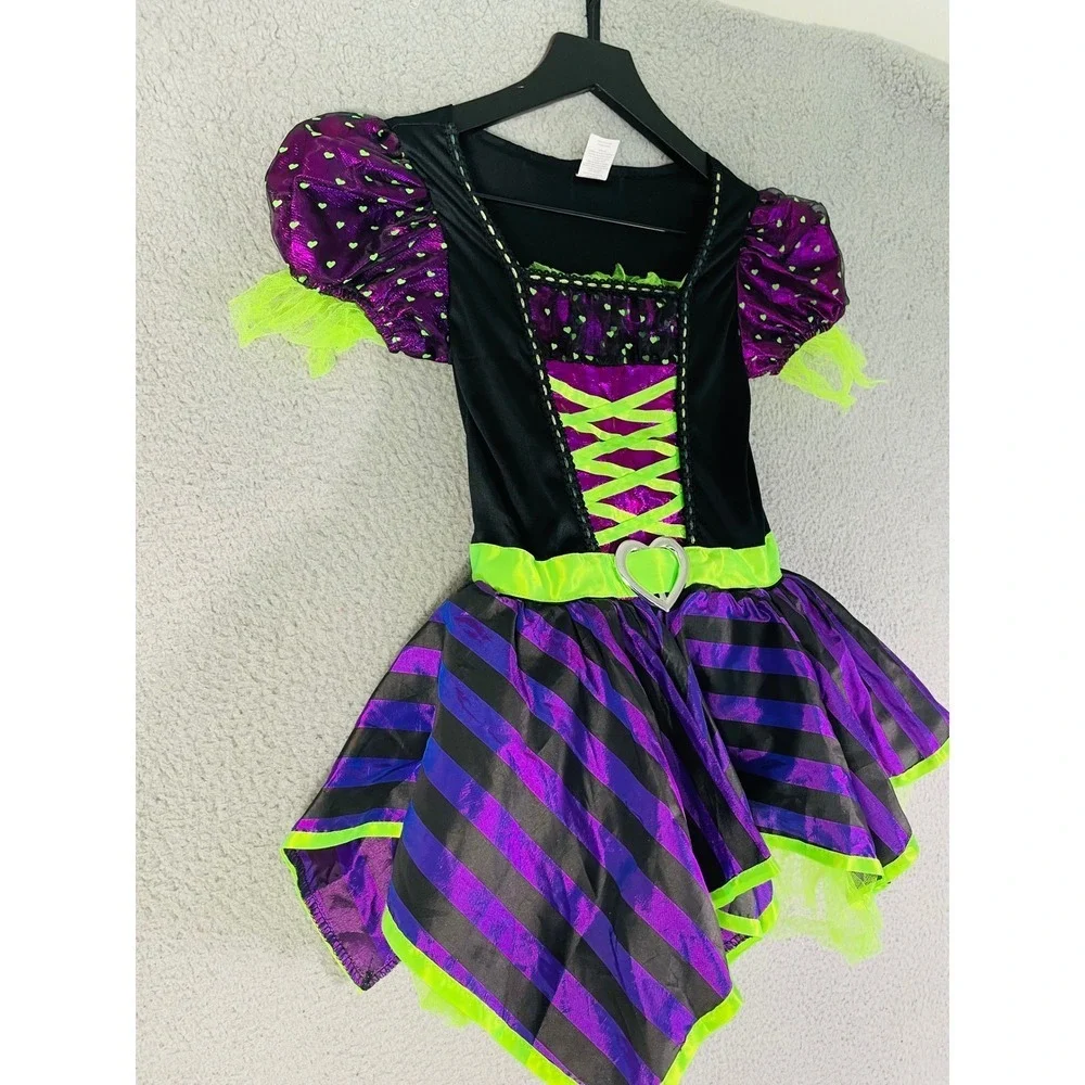 Witch Costume Halloween‎ Dress Girls Size S (6/6X) Purple Black Green Heart Belt